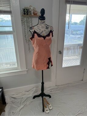 Self Esteem Y2K Peach Polka Dot Slip Top with Black Lace
